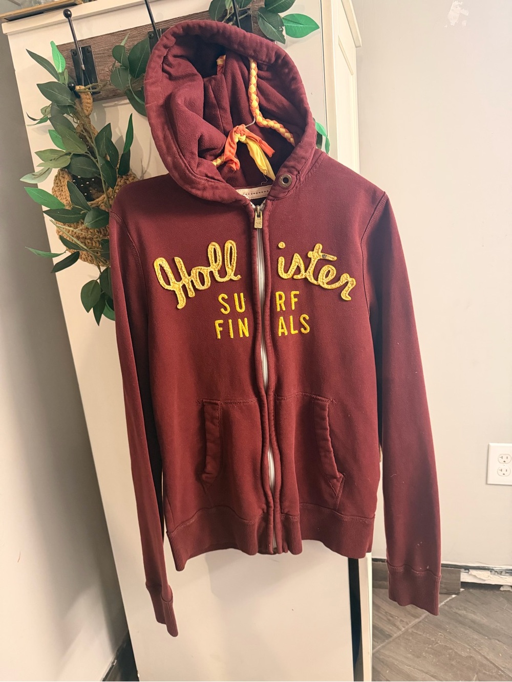 Hollister Womens Maroon Full-Zip Hoodie with Yellow Embroidery